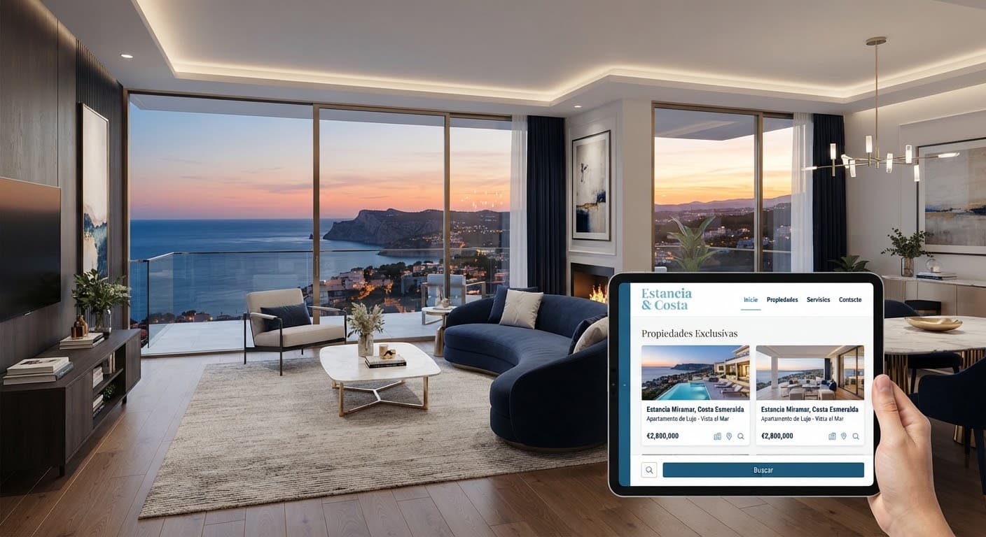 Interior de apartamento de lujo con vista al mar, decoración en azul marino y dorado champaña